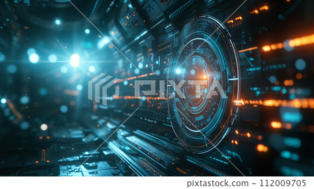 Abstract concept of a digital data tunnel with a glowing futuristic user interface and blue light effects. Abstract concept of a digital data tunnel with a glowing futuristic user interface and blue light effects. 112009705