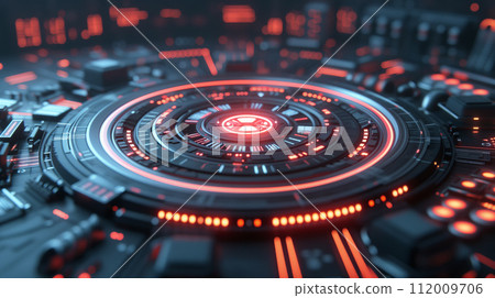Close-up view of an advanced technological interface with red glowing elements and intricate circuit patterns. 112009706