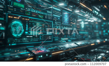 A sophisticated control panel featuring an array of digital data displays, dials, and graphs in a high-tech environment. A sophisticated control panel featuring an array of digital data displays, dials, and graphs in a high-tech environment. 112009707