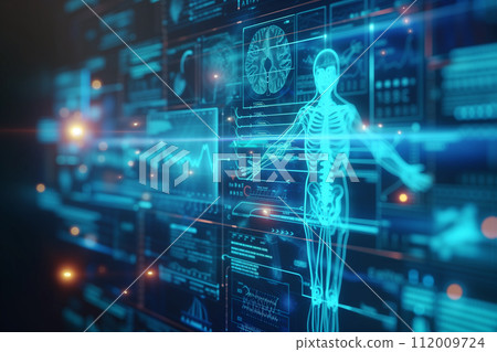 A futuristic medical diagnostic interface displaying detailed human anatomy and various health metrics, illustrating advanced medical technology. A futuristic medical diagnostic interface displaying detailed human anatomy and various health metrics, illustrating advanced medical technology. 112009724