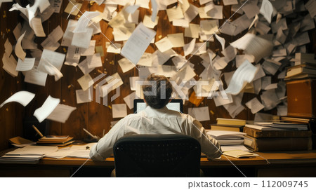 A writer sits in contemplation, surrounded by a storm of papers, symbolizing the overwhelming creative process or mental block in a dramatic workspace setting. 112009745