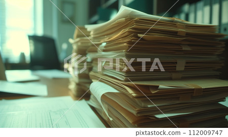 Piles of organized documents and files stacked high on a desk, highlighting the burden of administrative work in an office setting. Piles of organized documents and files stacked high on a desk, highlighting the burden of administrative work in an office setting. 112009747