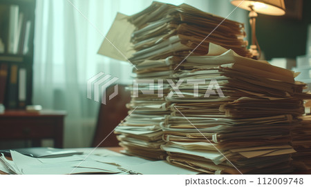 Piles of organized documents and files stacked high on a desk, highlighting the burden of administrative work in an office setting. 112009748