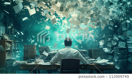 A man sits at his desk, staring at the computer screen, seemingly unfazed by the explosive chaos of papers swirling around him in a cluttered office. A man sits at his desk, staring at the computer screen, seemingly unfazed by the explosive chaos of papers swirling around him in a cluttered office. 112009749