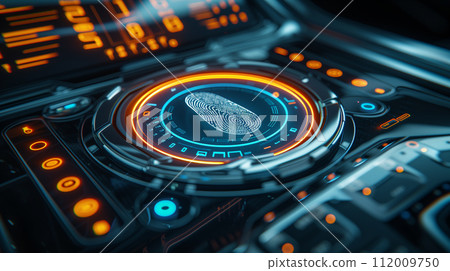 Close-up of an advanced fingerprint scanner interface with glowing neon lights and digital elements, symbolizing high-tech security. Close-up of an advanced fingerprint scanner interface with glowing neon lights and digital elements, symbolizing high-tech security. 112009750