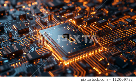 A digital padlock symbolizing cybersecurity integrated into an intricate electronic circuit board with glowing elements. A digital padlock symbolizing cybersecurity integrated into an intricate electronic circuit board with glowing elements. 112009752