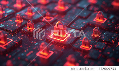 Multiple glowing padlocks on a circuit board represent robust data security and cyber protection measures. Multiple glowing padlocks on a circuit board represent robust data security and cyber protection measures. 112009753