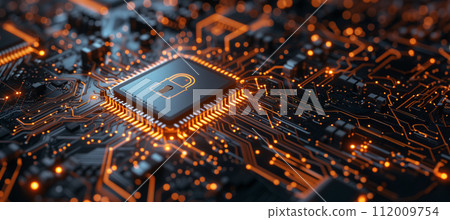 A digital padlock symbolizing cybersecurity integrated into an intricate electronic circuit board with glowing elements. A digital padlock symbolizing cybersecurity integrated into an intricate electronic circuit board with glowing elements. 112009754