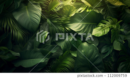 Close-up of fresh green leaves bathed in soft sunlight, highlighting details and textures in a natural setting. Close-up of fresh green leaves bathed in soft sunlight, highlighting details and textures in a natural setting. 112009759