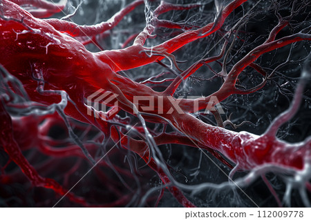 Highly detailed micrograph showcasing the complex and intricate network of human blood vessels in a scientific context. 112009778