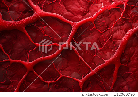 Highly detailed micrograph showcasing the complex and intricate network of human blood vessels in a scientific context. Highly detailed micrograph showcasing the complex and intricate network of human blood vessels in a scientific context. 112009780