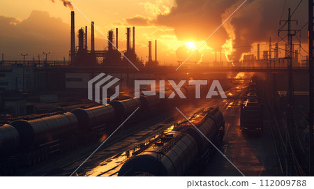 The sun sets behind an industrial landscape, casting a warm glow over an oil refinery and a rail yard bustling with activity. The sun sets behind an industrial landscape, casting a warm glow over an oil refinery and a rail yard bustling with activity. 112009788