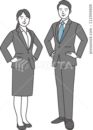 Illustration of a man and woman in business suits smiling and facing forward with their hands on their hips Illustration of a man and woman in business suits smiling and facing forward with their hands on their hips 112009806
