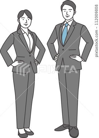 圖:穿著西裝的男人和女人面帶微笑,雙手叉腰,面向前方 圖:穿著西裝的男人和女人面帶微笑,雙手叉腰,面向前方 112009808