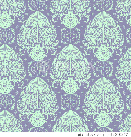 Seamless green Damask pattern on a purple background Seamless green Damask pattern on a purple background 112010247