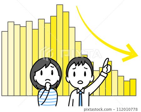 A chart with a downward trend and a young couple with a gloomy expression (bar graph) A chart with a downward trend and a young couple with a gloomy expression (bar graph) 112010778
