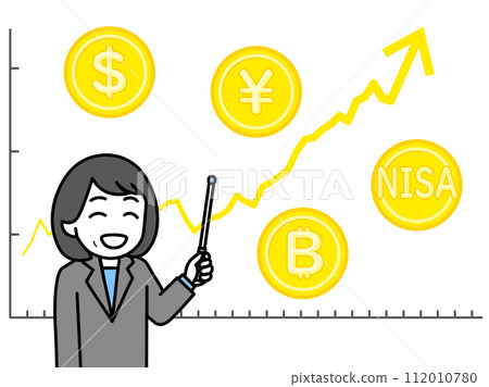 A female expert explaining with an upward trend chart and an indicator bar (line graph/gold coins) 112010780