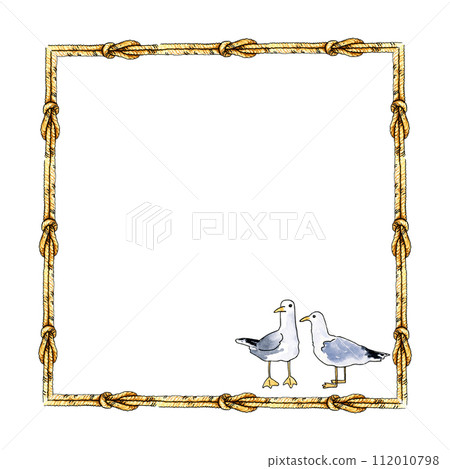 watercolor white frame from old vintage knot and seabird, hand drawn illustration of textured marine rope with knots and seagull, on white background watercolor white frame from old vintage knot and seabird, hand drawn illustration of textured marine rope with knots and seagull, on white background 112010798