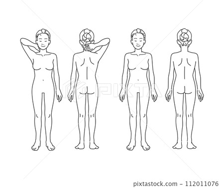 插圖集展示了一名裸體女子站立的姿勢，雙臂舉起，露出腋窩 112011076