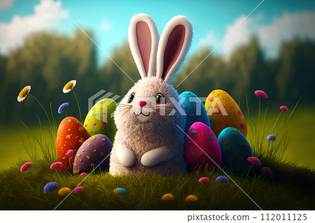 Easter bunny rabbit among many colorful eggs. Cartoon style digital artwork. Happy Easte. Ai Generative 112011125