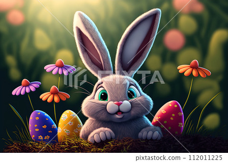 Easter bunny rabbit and colorful eggs in the forest. Cartoon style digital artwork. Happy Easte. Ai Generative 112011225