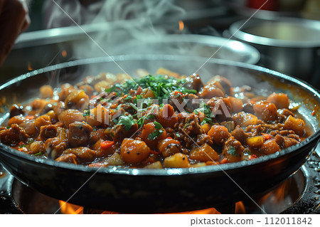 meat and vegetables stewed in a frying pan 112011842