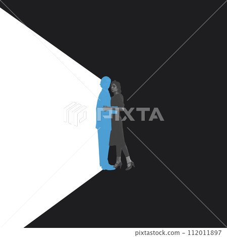 Monochrome image of woman hugging blue male silhouette symbolizing support and acceptance. Conceptual design. Monochrome image of woman hugging blue male silhouette symbolizing support and acceptance. Conceptual design. 112011897