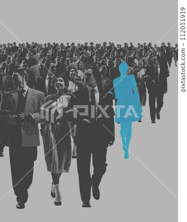 Blue silhouette of woman walking in monochrome crowd of people. Conceptual design. Standing out, rejection of standards Blue silhouette of woman walking in monochrome crowd of people. Conceptual design. Standing out, rejection of standards 112011919