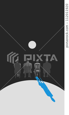 Four silhouetted people sitting and looking at white circle, with one having blue in blue shadow. Conceptual design. Lost of individuality through social pressure Four silhouetted people sitting and looking at white circle, with one having blue in blue shadow. Conceptual design. Lost of individuality through social pressure 112011920