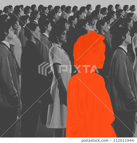 Orange female silhouette standing in monochrome crowd of people. Conceptual design. Social conformity versus personal identity 112011944