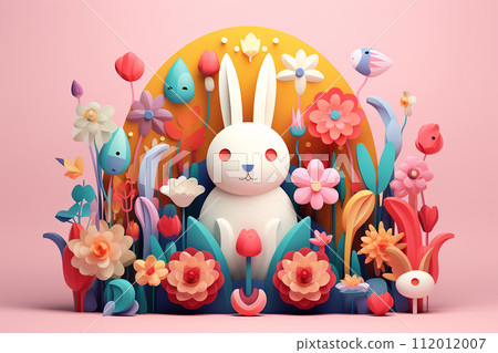3D Easter colorful collection of Bunnies, Chickens, Easter Eggs, Floral in modern flat style for creating greeting cards. 112012007