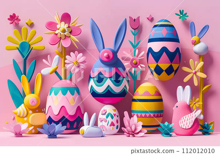 3D Easter colorful collection of Bunnies, Chickens, Easter Eggs, Floral in modern flat style for creating greeting cards. 112012010