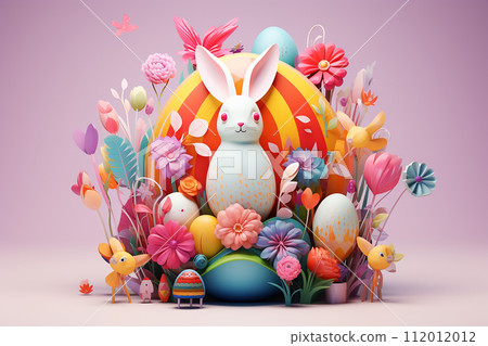 3D Easter colorful collection of Bunnies, Chickens, Easter Eggs, Floral in modern flat style for creating greeting cards. 112012012