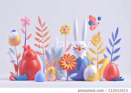 3D Easter colorful collection of Bunnies, Chickens, Easter Eggs, Floral in modern flat style for creating greeting cards. 112012013