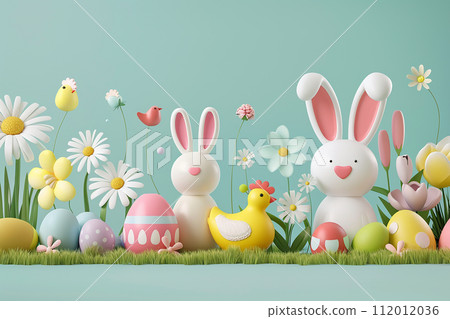3D Easter colorful collection of Bunnies, Chickens, Easter Eggs, Floral in modern flat style for creating greeting cards. 112012036