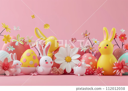 3D Easter colorful collection of Bunnies, Chickens, Easter Eggs, Floral in modern flat style for creating greeting cards. 112012038