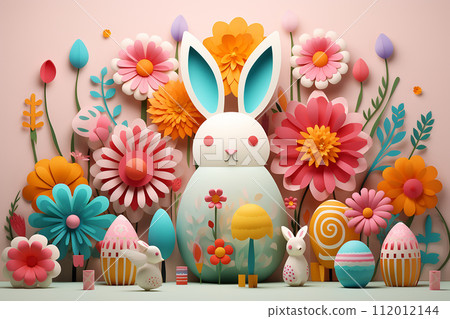 3D Easter colorful collection of Bunnies, Chickens, Easter Eggs, Floral in modern flat style for creating greeting cards. 112012144