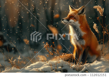 Red fox in the winter forest. Fox in the snowy forest. 112012151