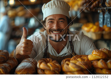 Portrait of smiling male baker showing thumbs up while standing in bakery 112012152