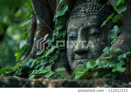 ancient Buddha statue entwined with tree roots in the ruins of an old temple 112012155
