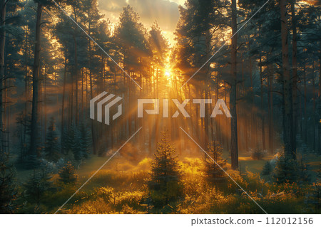 Misty morning in the forest with sun rays shining through the trees 112012156
