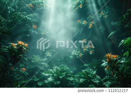 tropical forest vegetation, light breaks through the fog 112012157