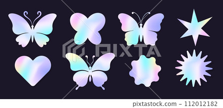 Holographic y2k future metal butterfly badge, stamp, trendy colored sticker set heart and abstract shapes. Silver foil tag collection 112012182