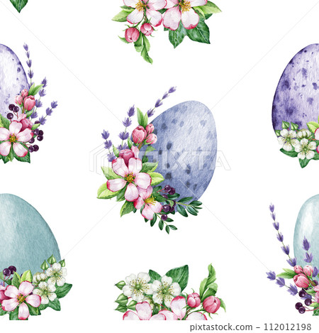 Easter painted egg with spring flower decor seamless pattern. Watercolor illustration. Hand drawn festive traditional colored egg decoration with tender flowers, lavender. Easter seamless pattern 112012198