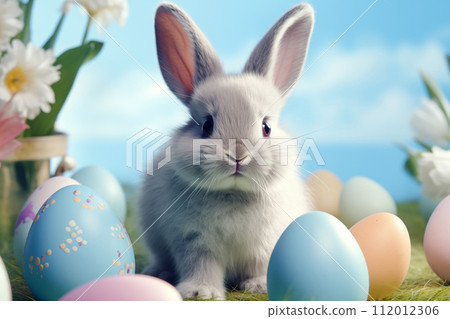 Cute gray Bunny with Easter Eggs and flowers, nature sky background, Easter greeting card 112012306