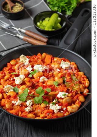 greek giant baked beans with feta on pan greek giant baked beans with feta on pan 112012336