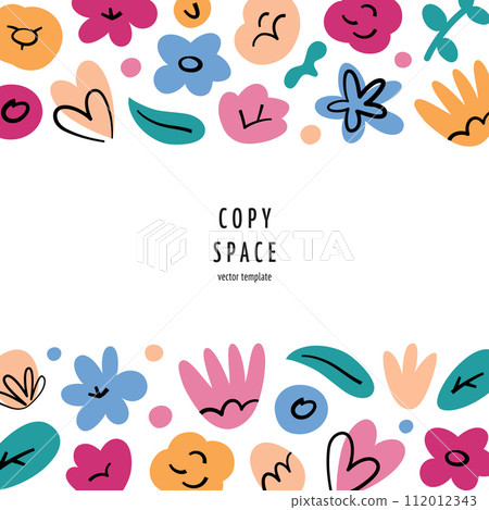 Floral composition, square template with copy space, greeting card for womens day, vector arrangement with roses, daisies, hearts, gift for mothers day, minimalistic floral design 112012343