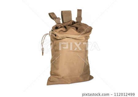 Backpack bag gear protective color khaki, tactical sports equipment isolated on white background Backpack bag gear protective color khaki, tactical sports equipment isolated on white background 112012499