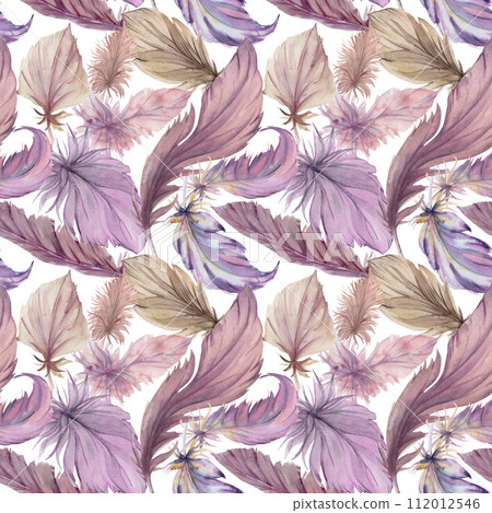 Hand drawn watercolor bird feather plume quill boho tribal ethnic indian. Seamless pattern isolated on white background. Design for charm, amulet, dreamcatcher, scrapbooking, handmade craft, tattoo 112012546