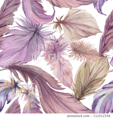 Hand drawn watercolor bird feather plume quill boho tribal ethnic indian. Seamless pattern isolated on white background. Design for charm, amulet, dreamcatcher, scrapbooking, handmade craft, tattoo 112012548
